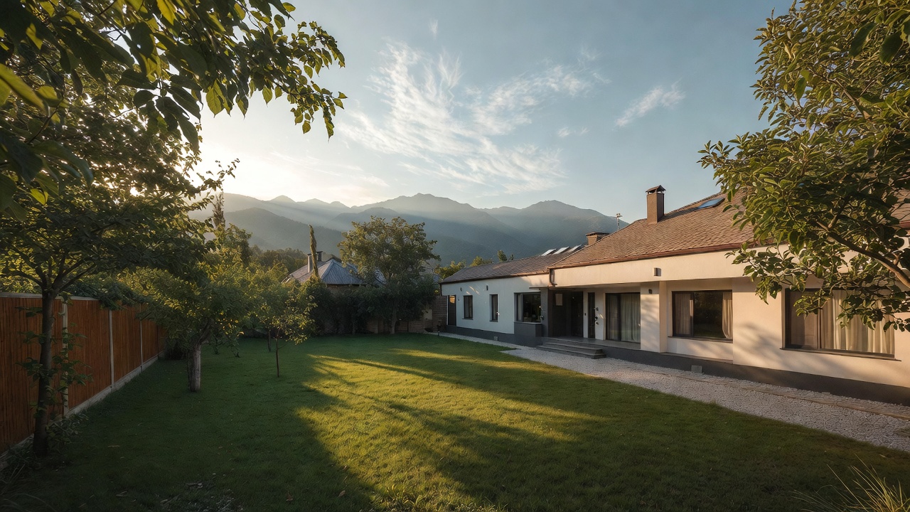 Современный коттедж с террасой и большими окнами